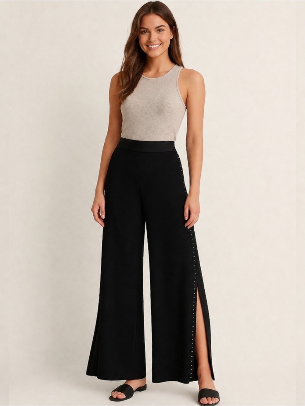 JS Collection Vintage Rhinestone Side Slits High Waisted Pants Black Medium